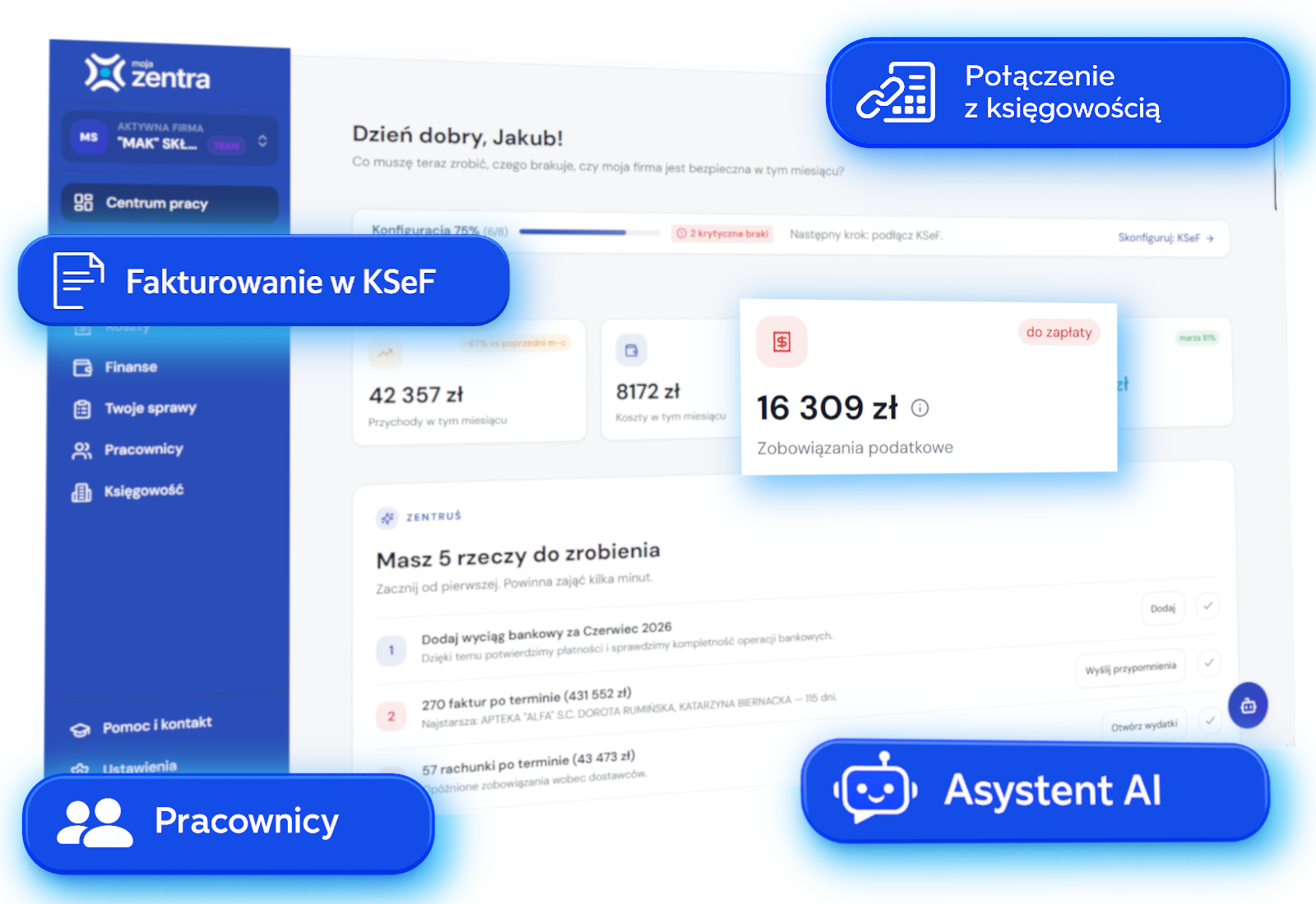 Panel Zentra: centrum pracy, fakturowanie KSeF, połączenie z księgowością, asystent AI i pracownicy