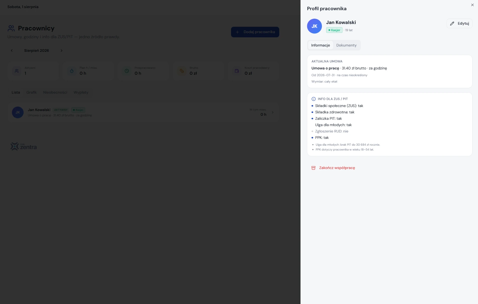 Profil pracownika z aktualną umową i informacjami dla ZUS i PIT