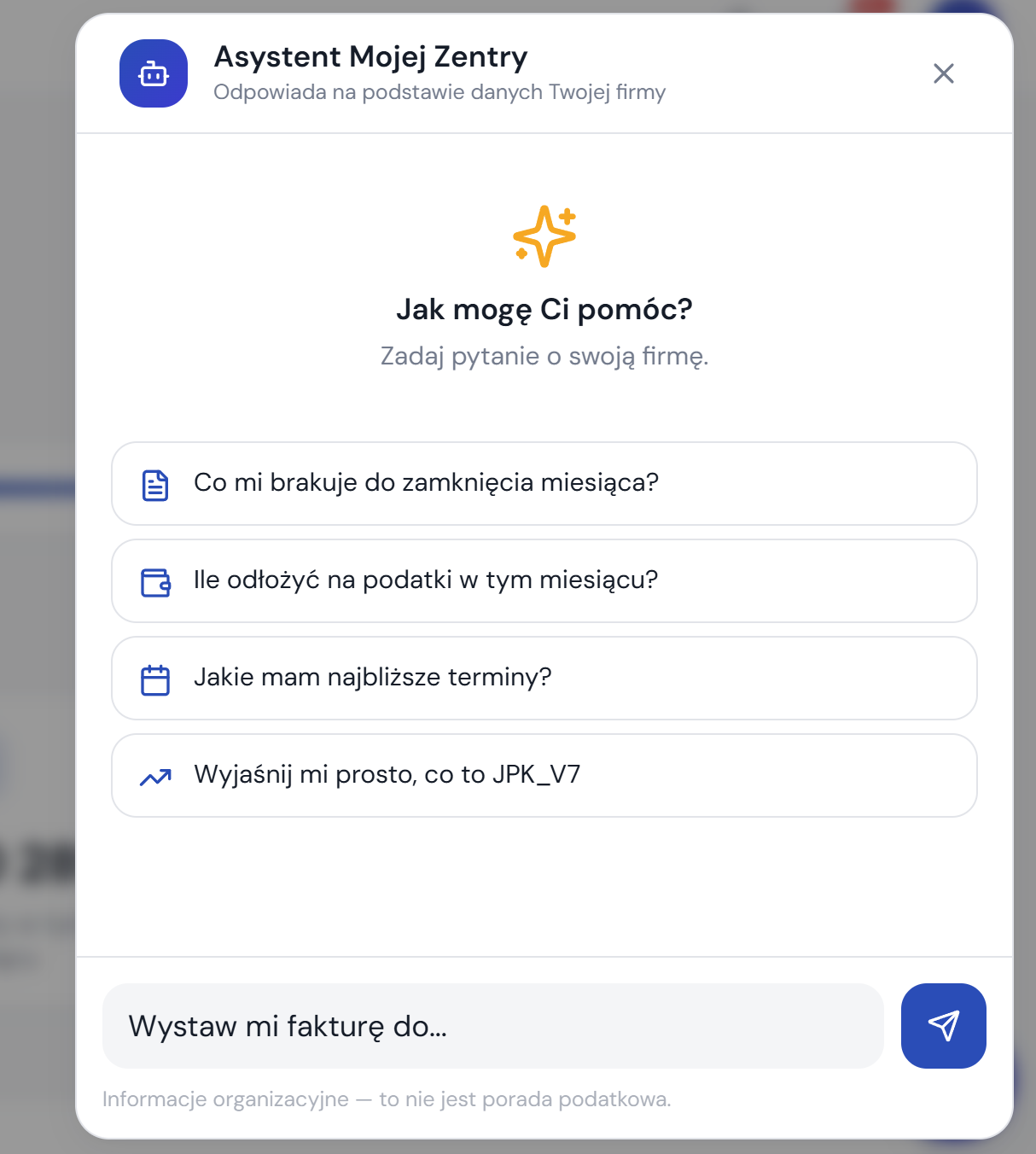 Okno asystenta Mojej Zentry z propozycjami pytań o firmę